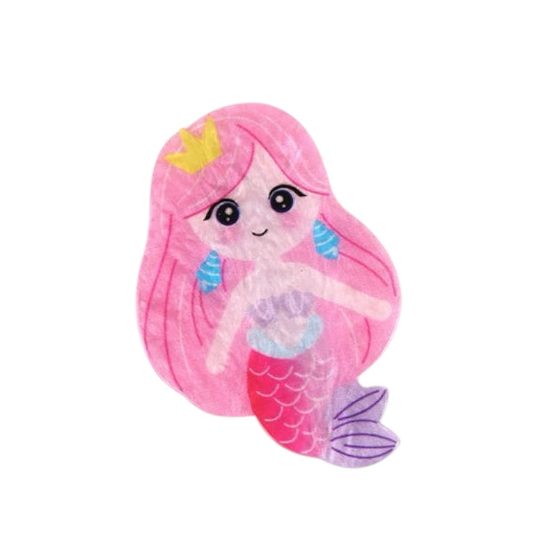 Plush toy of a mermaid with pink hair and tail on a white background