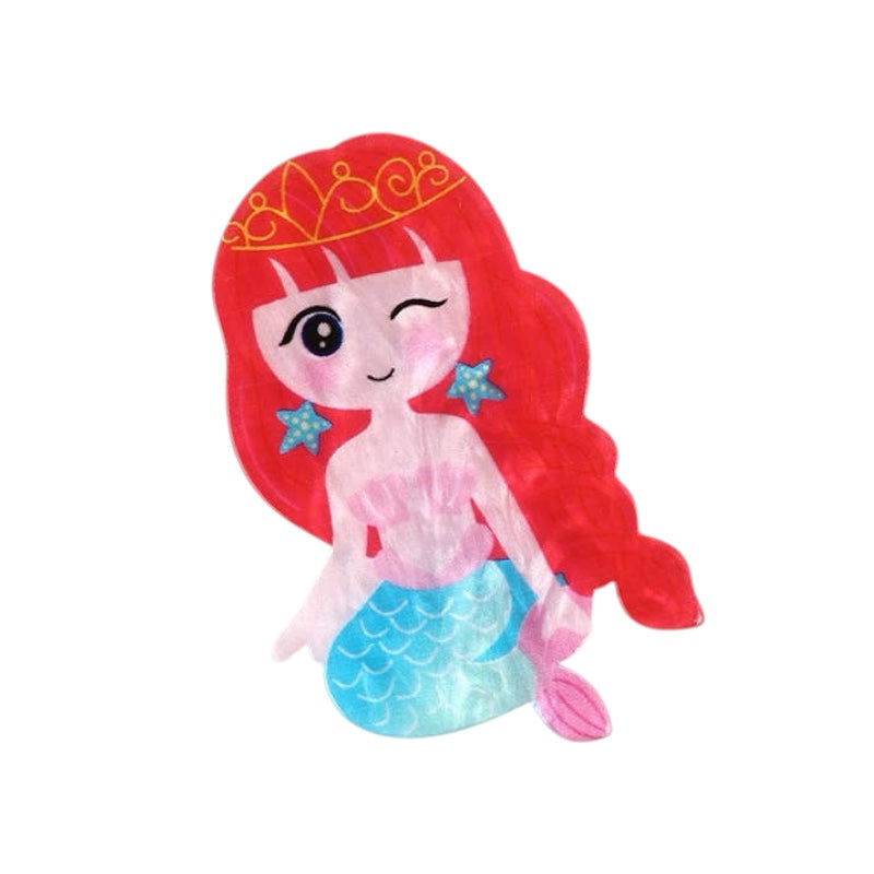 Plush toy mermaid with red hair and a blue tail on a white background