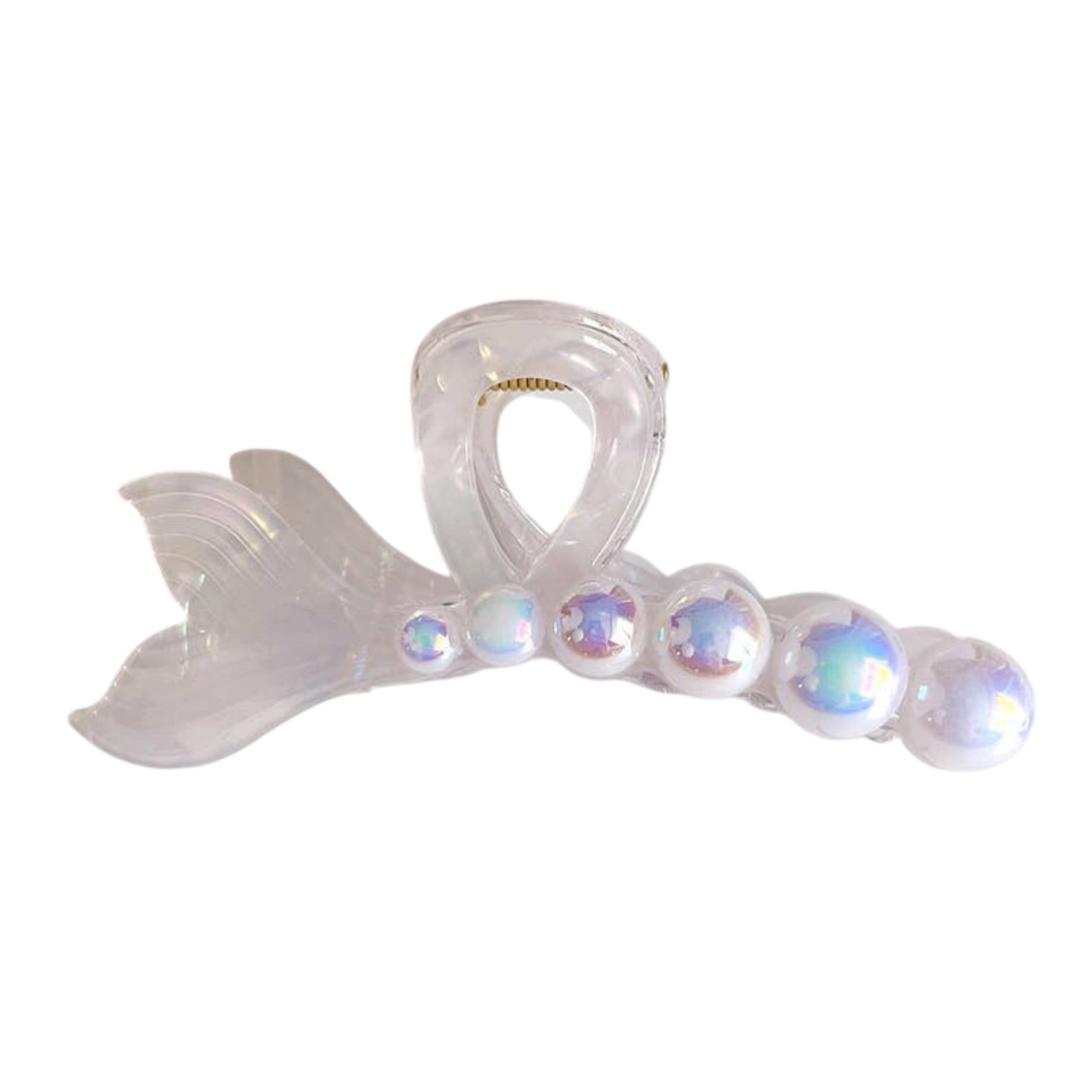 Mermaid tail clip with iridescent beads on a white background