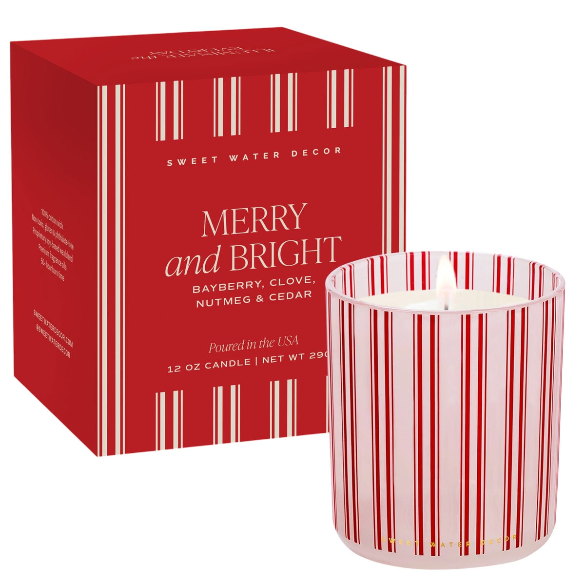 Red striped candle with 'Sweet Water Decor' packaging on a white background