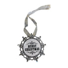 A silver snowflake-shaped Christmas ornament with a central white oval featuring the text 'MERRY CHRISTMAS' in black, hanging from a distressed silver ribbon on a white background.