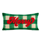 A rectangular holiday throw pillow featuring a green and cream buffalo check plaid pattern with a prominent red embroidered 'Merry' script across the front, set against a plain white background.
