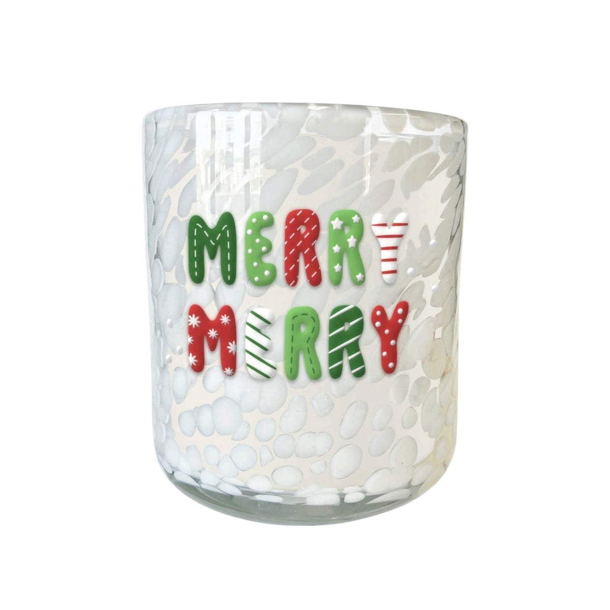A clear glass candle holder with a white pebble-patterned exterior and the words 'MERRY MERRY' printed on the front in festive green, red, and white holiday designs, shown against a plain white background.