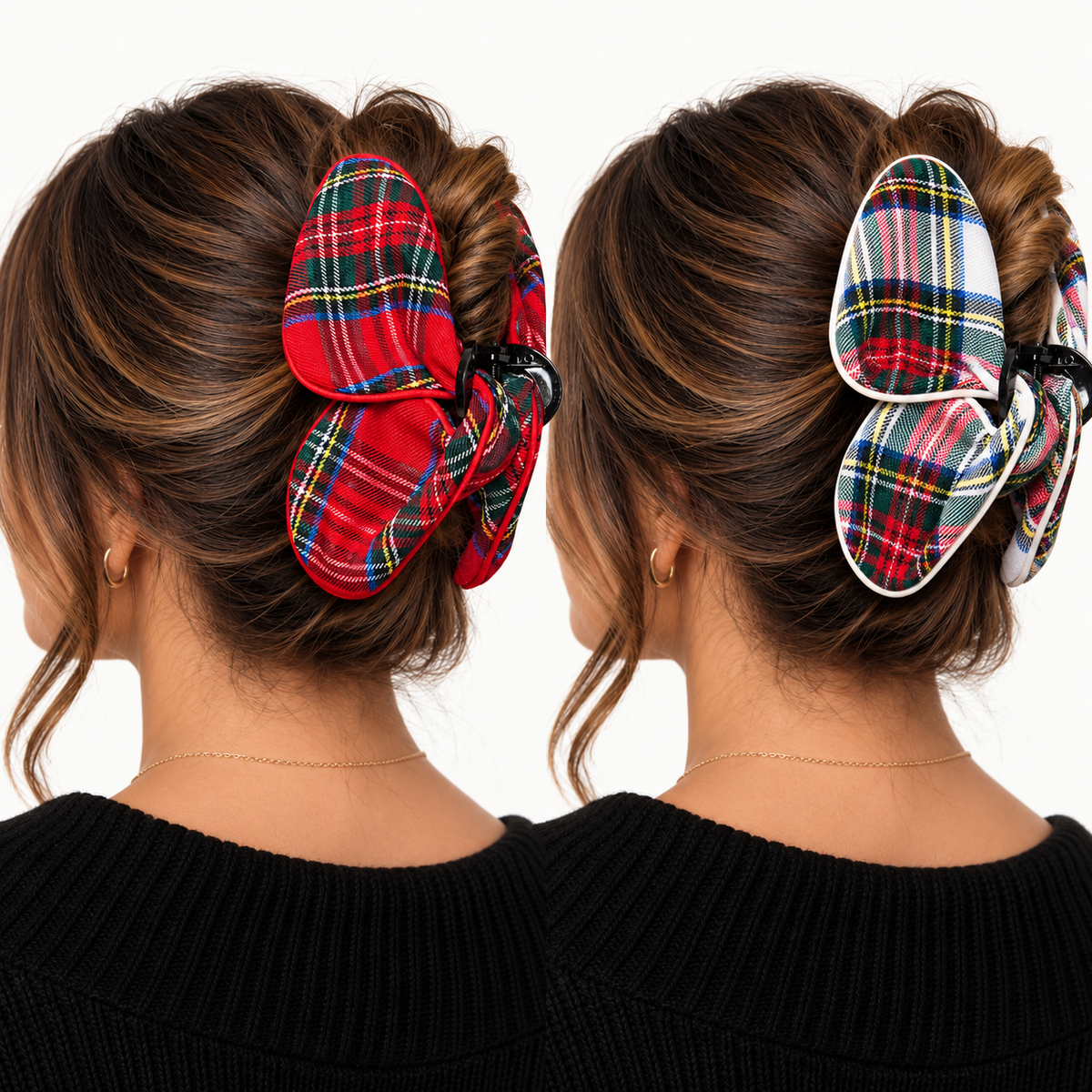 Two views of a large bow-shaped hair clip in a red and green tartan plaid pattern, shown on a model's hair in back. One view shows the red plaid side, and the other shows the white and green plaid side with black elastic bands.