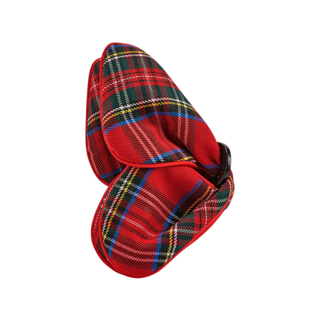 A pair of red tartan plaid knee pads with black and yellow stripes, shown on a plain white background.