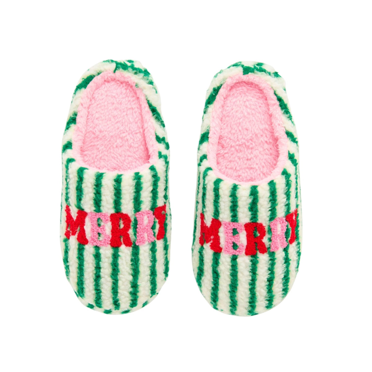 A pair of fuzzy slip-on slippers with green and white vertical stripes, pink plush interiors, and 'MERRY' embroidered across the front in red and pink.
