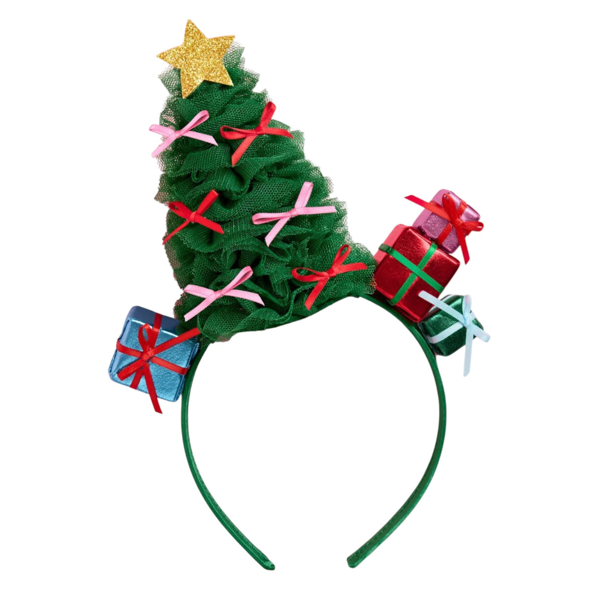 A festive Christmas tree headband featuring a green tulle tree with a gold glitter star on top, decorated with pink and red ribbon bows, and adorned with three wrapped presents in red, blue, and green on a white background.