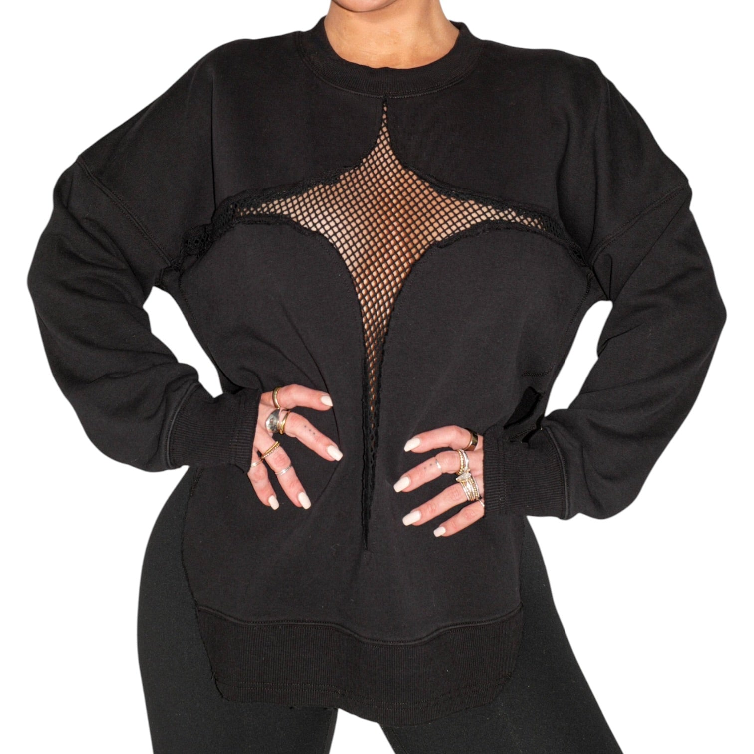 Black sweatshirt with mesh panel design on a white background