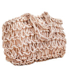 Beige woven handbag on a white background
