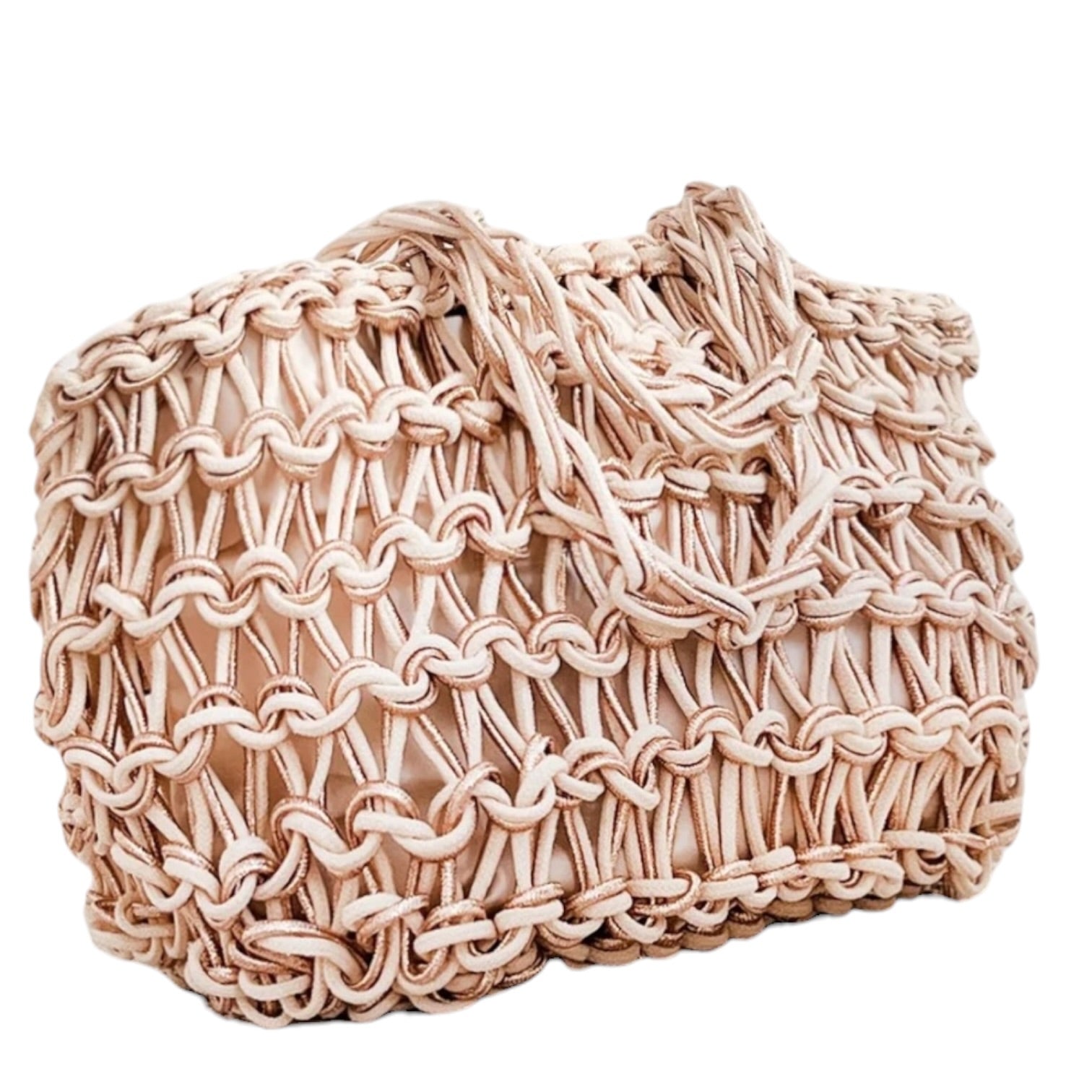 Beige woven handbag on a white background
