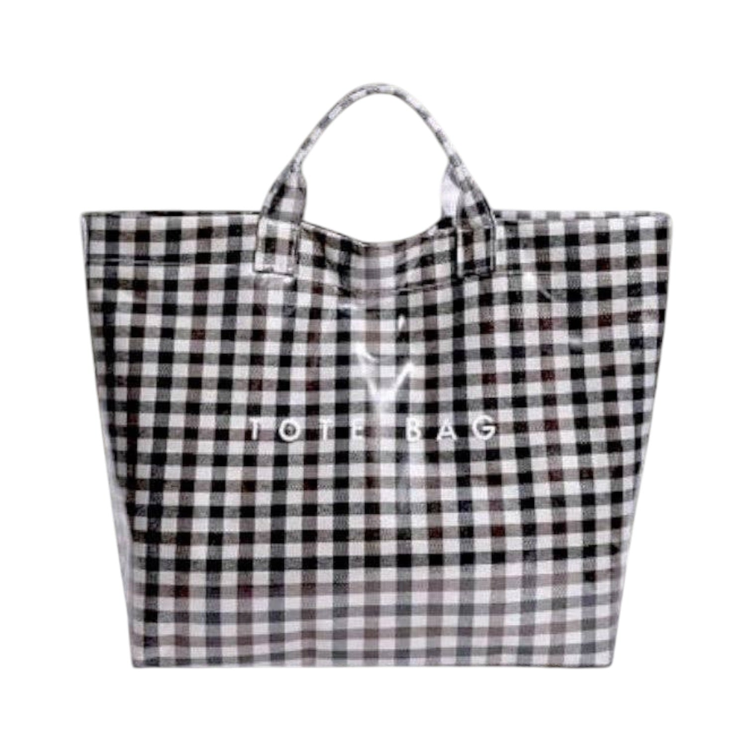 Black and white checkered tote bag with 'Tote Bag' text on a white background