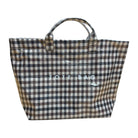 Plaid tote bag with 'TOTE BAG' text on a white background
