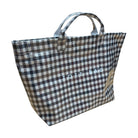 Plaid tote bag with 'TOTE BAG' text on a white background