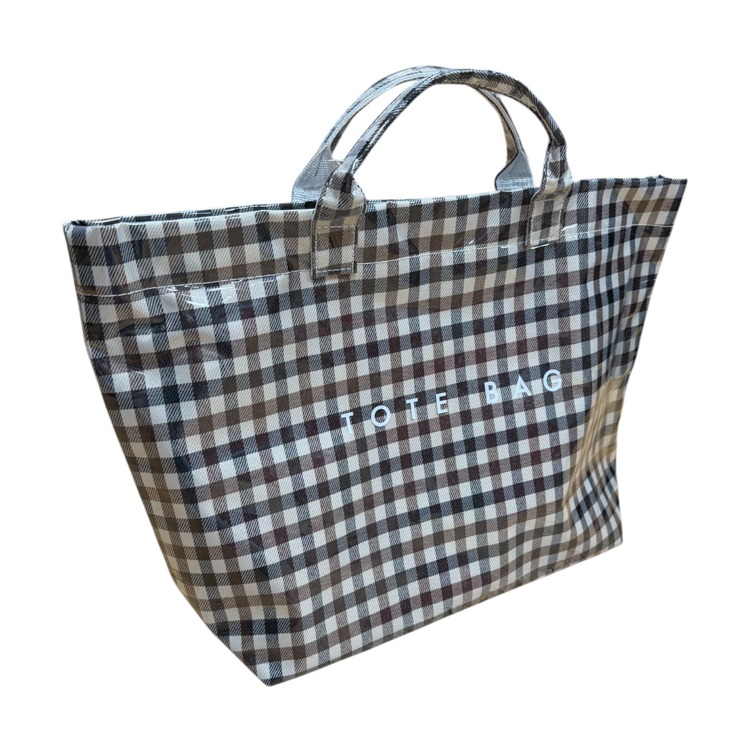Plaid tote bag with 'TOTE BAG' text on a white background