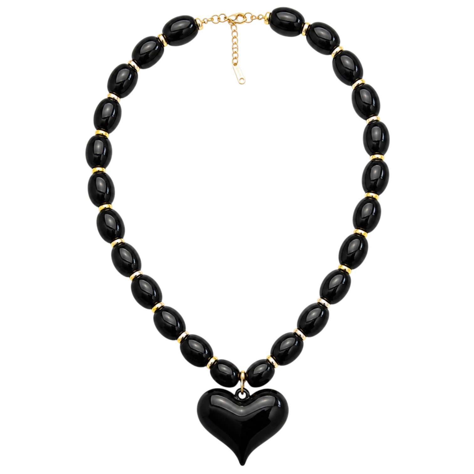 Necklace with black heart pendant and gold accents on a white background