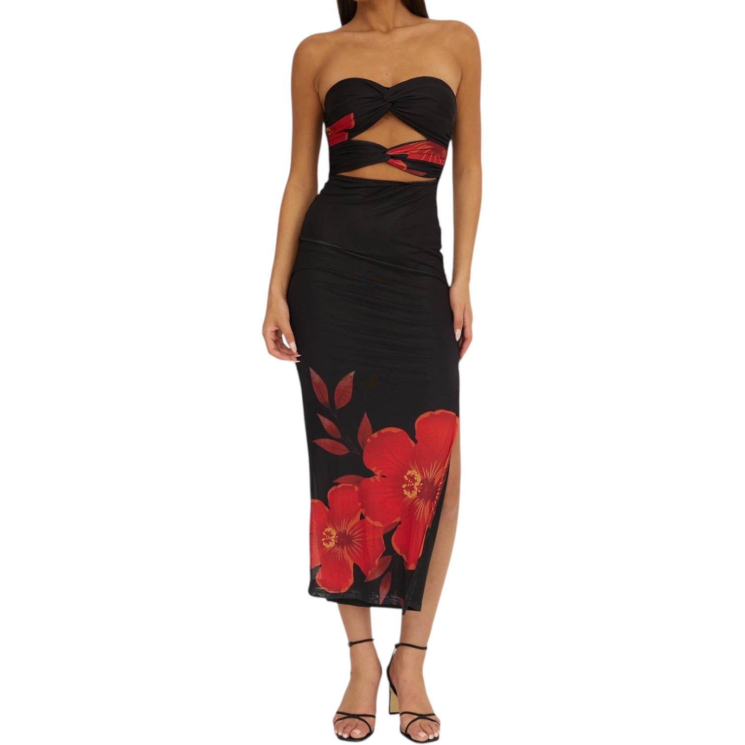 Black strapless dress with red floral design on a white background