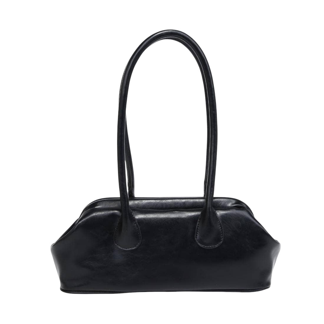 Black handbag with a handle on a white background