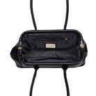 Black leather handbag shown from the inside, featuring a black satin-lined interior with a zippered pocket and a small beige brand label reading 'Vacherette Louis Vuitton'.