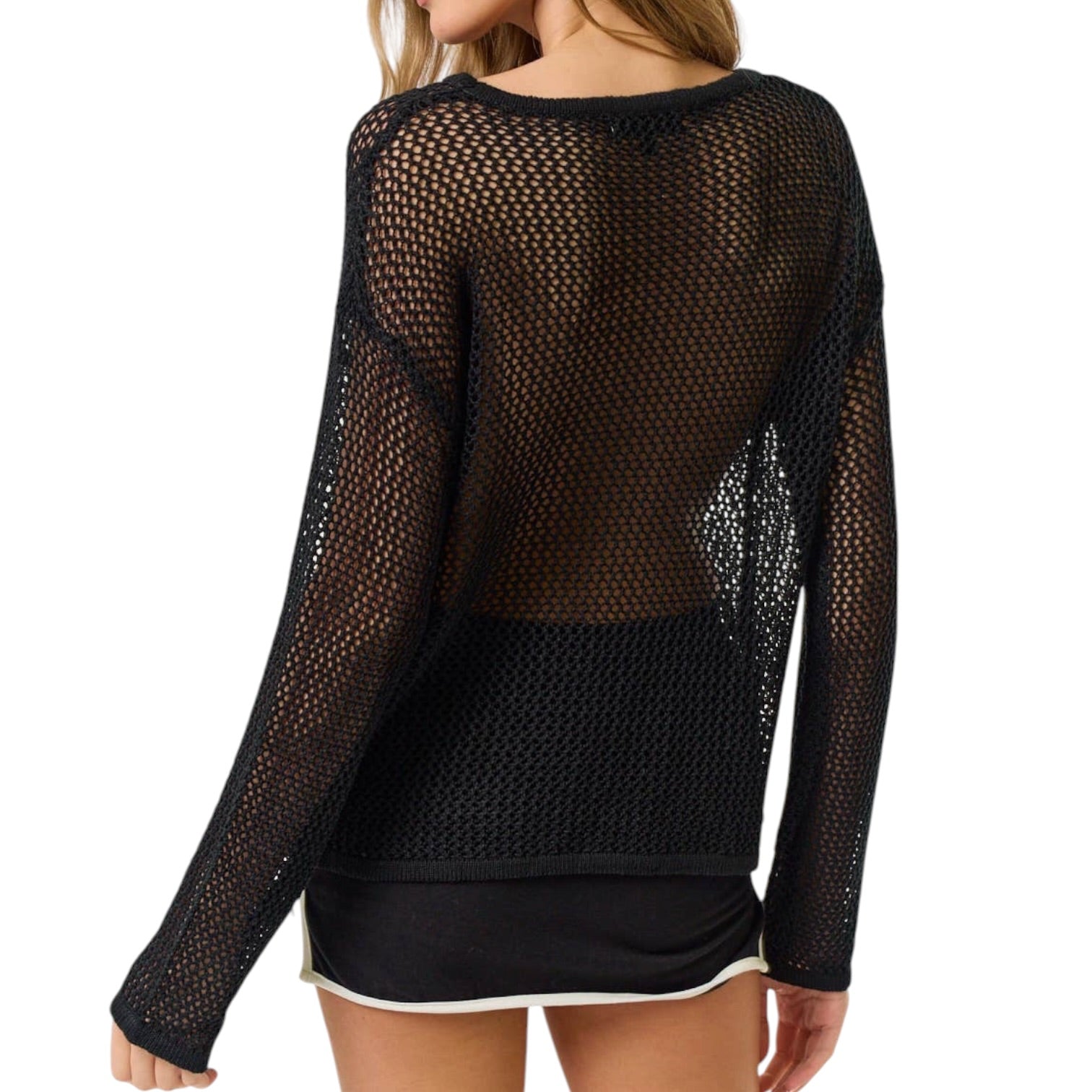 Black mesh long-sleeve top worn by a person on a white background