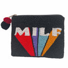 Black beaded pouch with colorful design and 'MILF' text on a white background