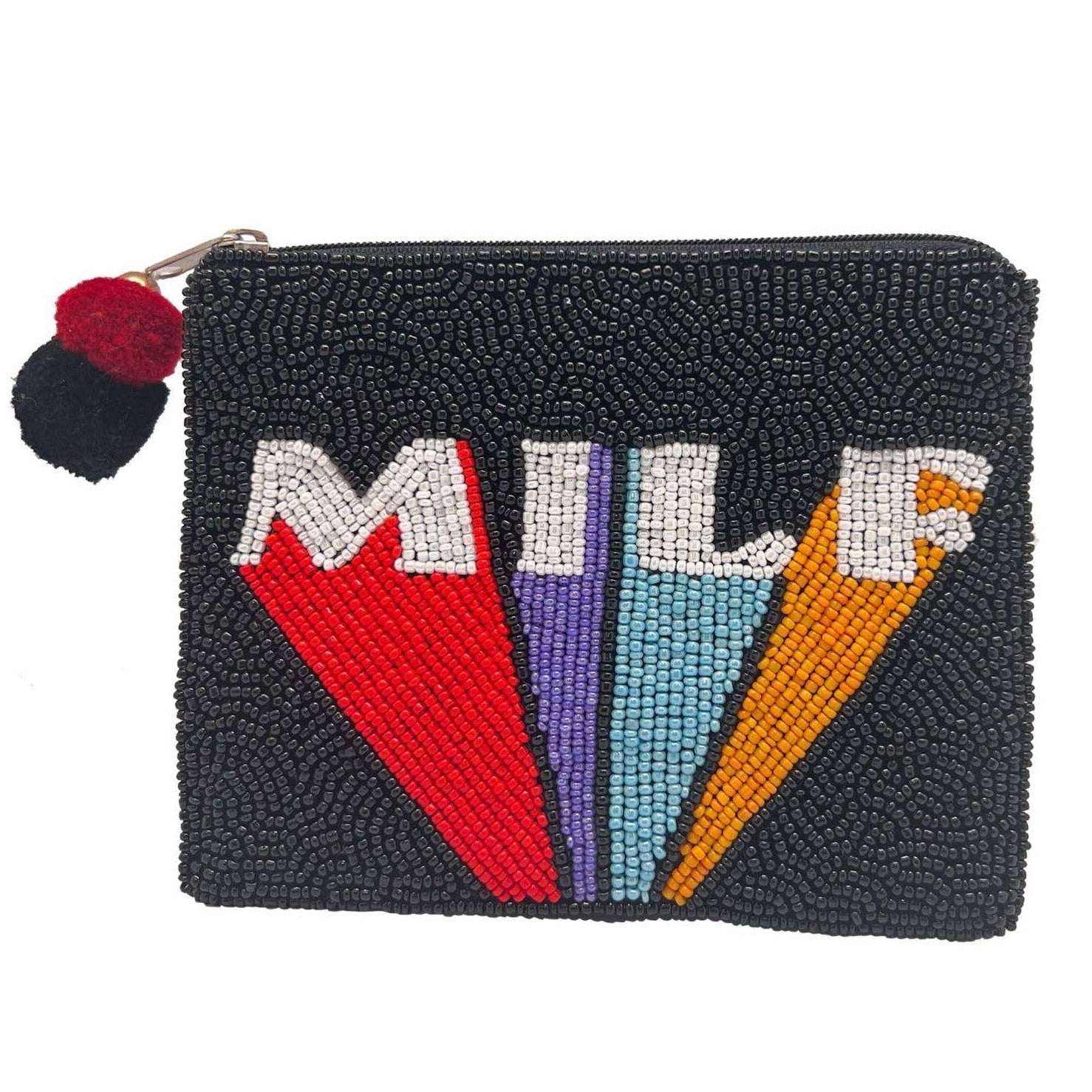 Black beaded pouch with colorful design and 'MILF' text on a white background