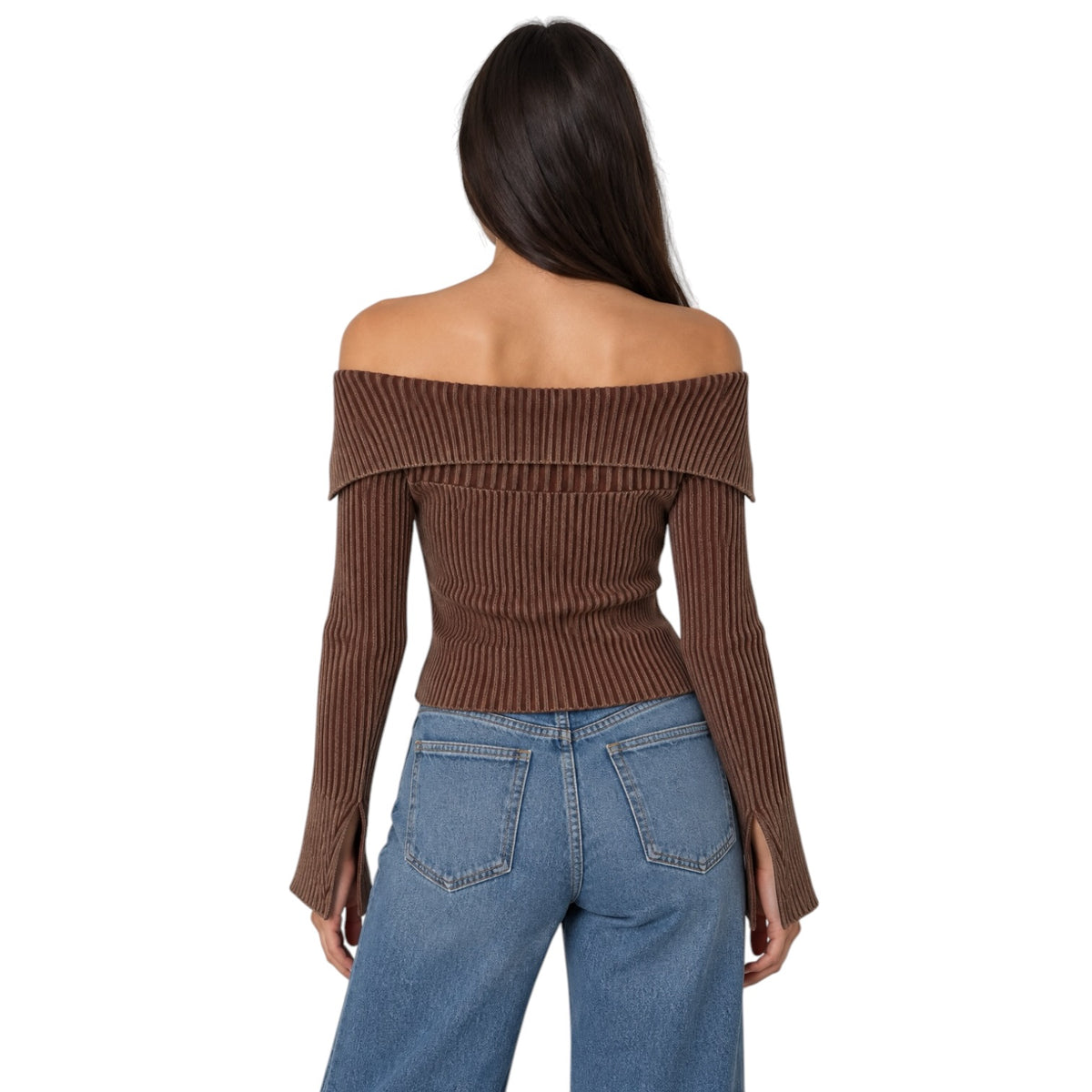 A woman shown from the back wearing a brown off-the-shoulder ribbed long-sleeve top and blue jeans against a plain white background.
