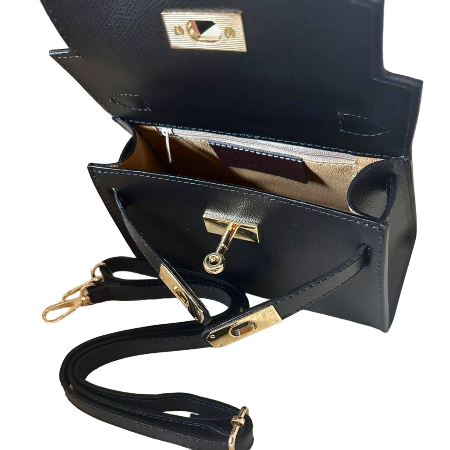 Black handbag with gold accents on a white background