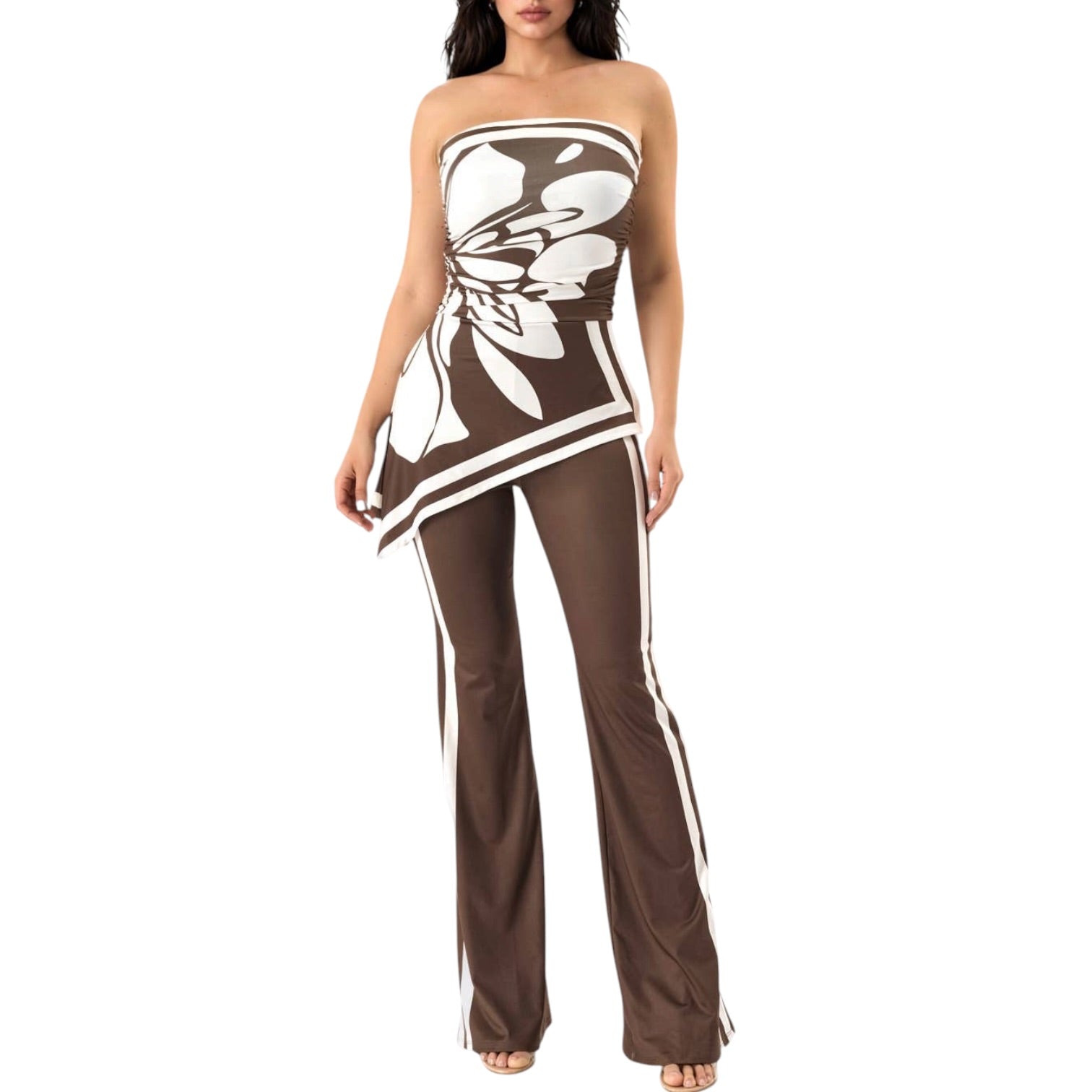 Brown strapless jumpsuit with white abstract design on a white background