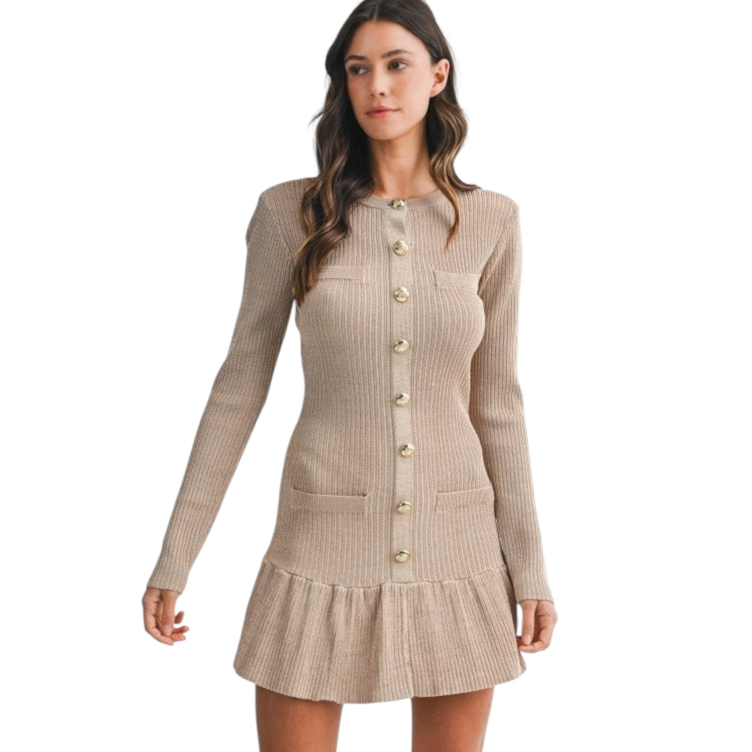 Woman wearing a beige ribbed dress with buttons on a white background