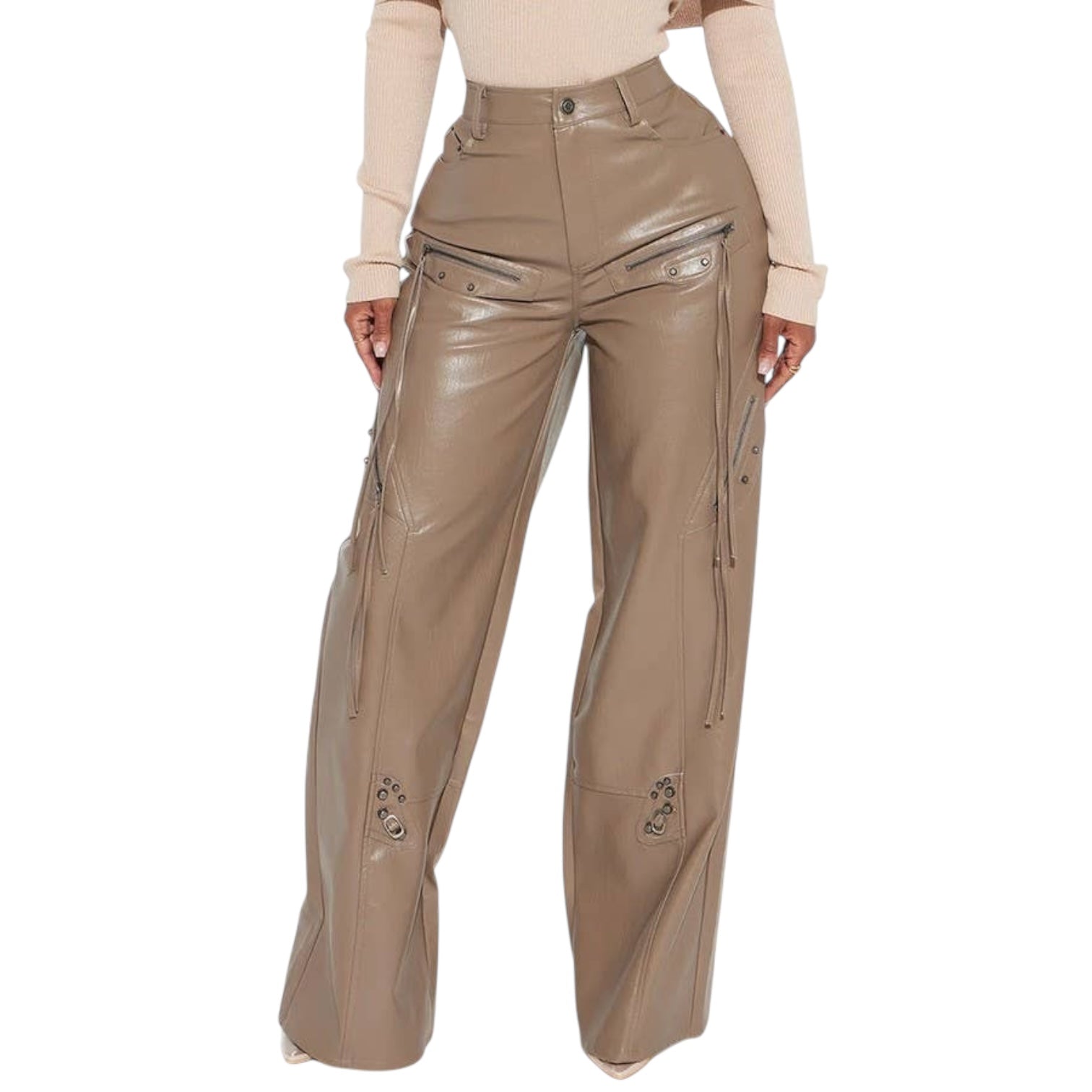 Beige leather pants worn by a person on a white background