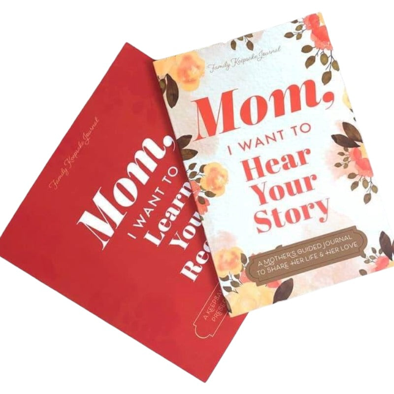 Two journals titled 'Mom, I Want to Learn Your Story' and 'Mom, I Want to Hear Your Story' on a white background.
