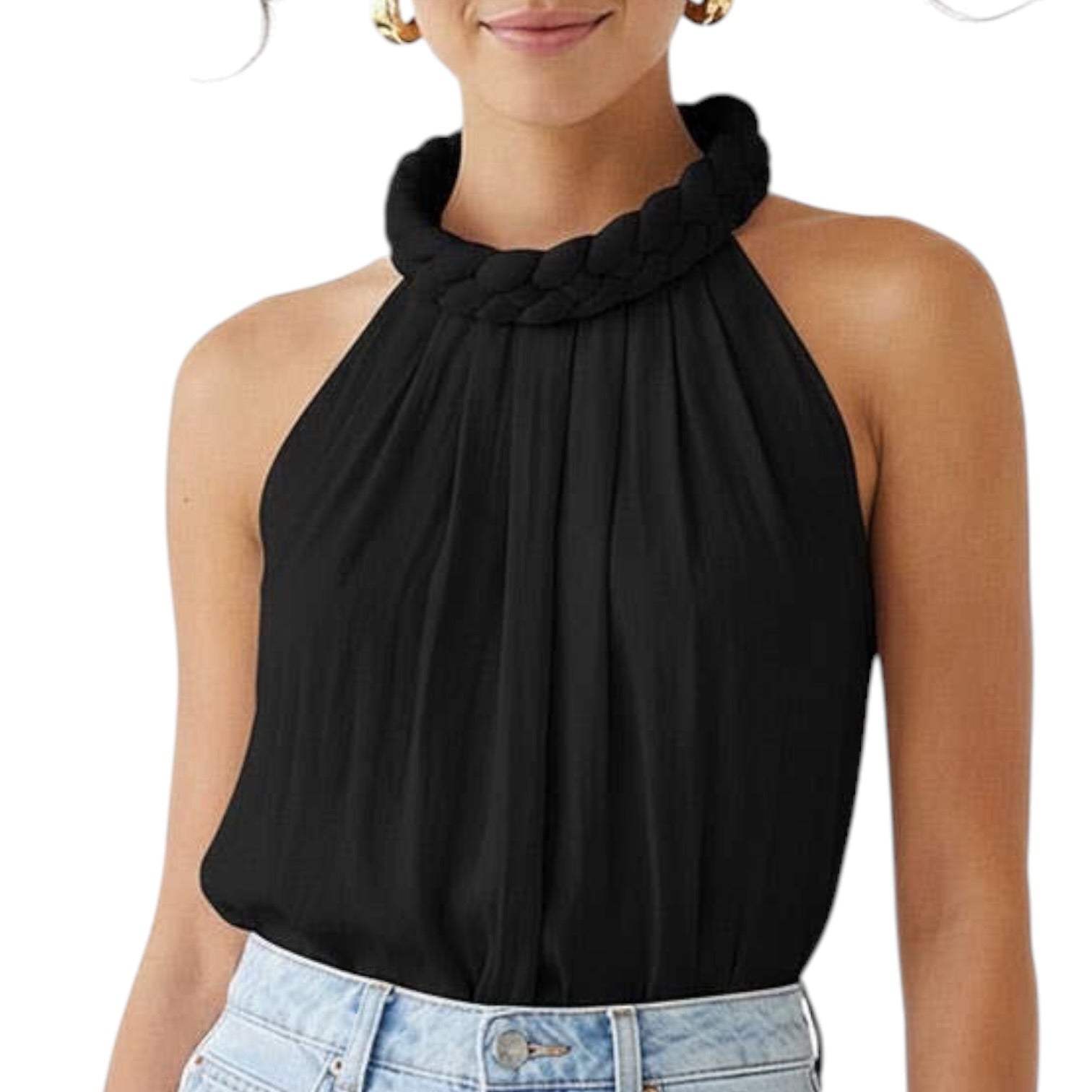Black halter top worn by a person on a white background