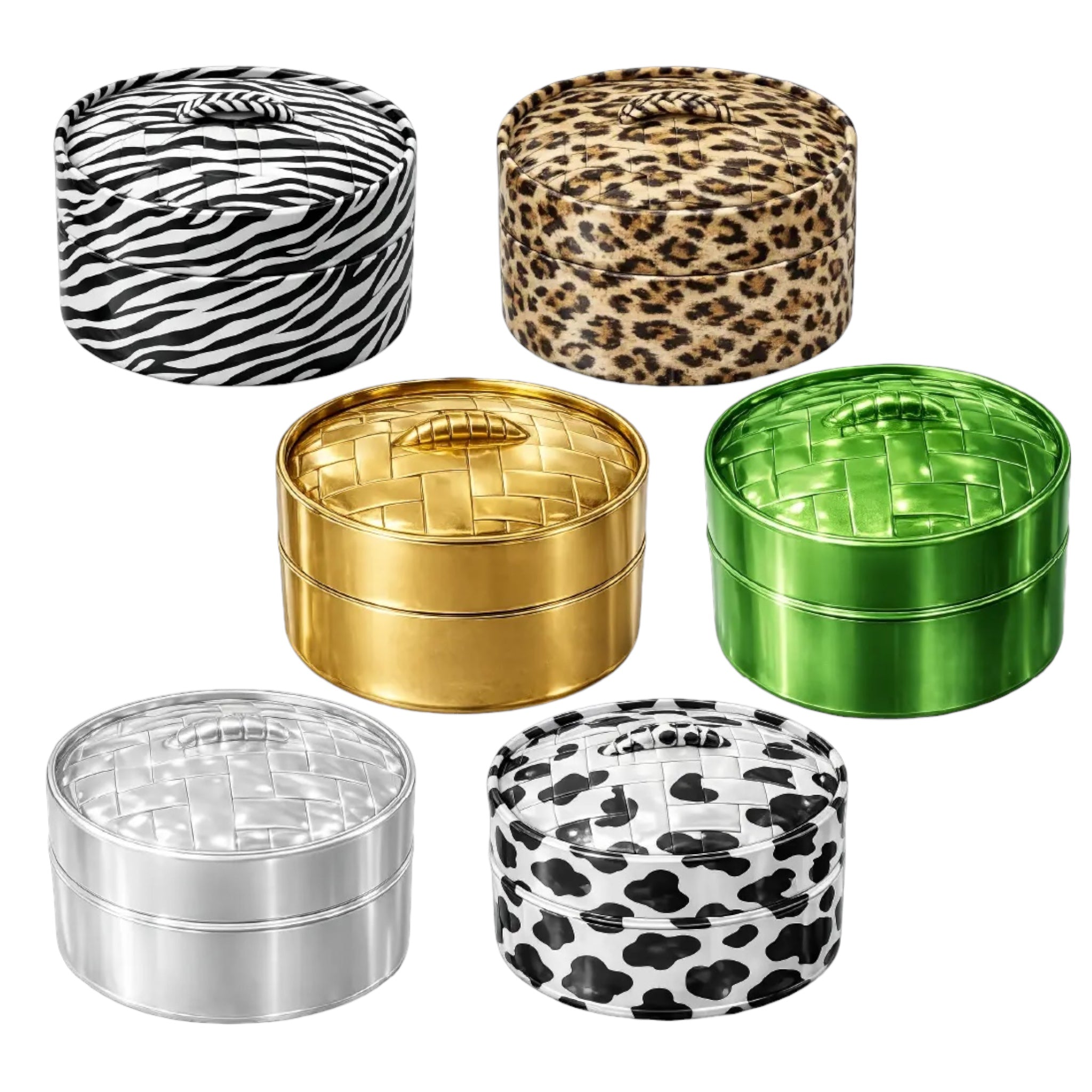 Six round metal containers with lids, arranged on a white background. The top row features two patterned containers: one with a black and white zebra print and one with a tan and brown leopard print.