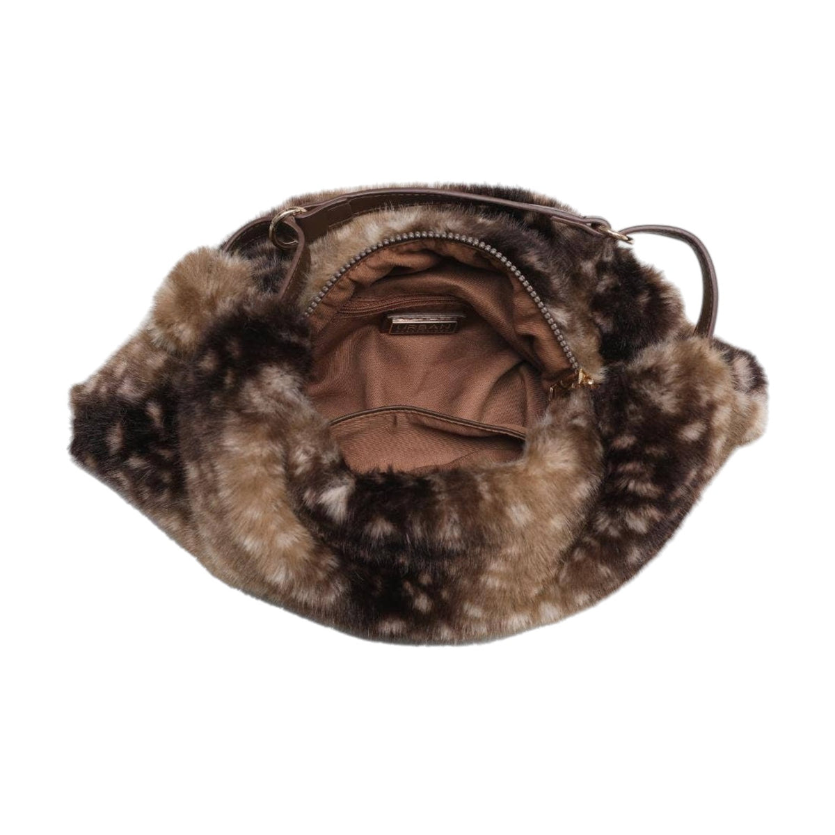 Brown fur-lined bag with a zipper on a white background