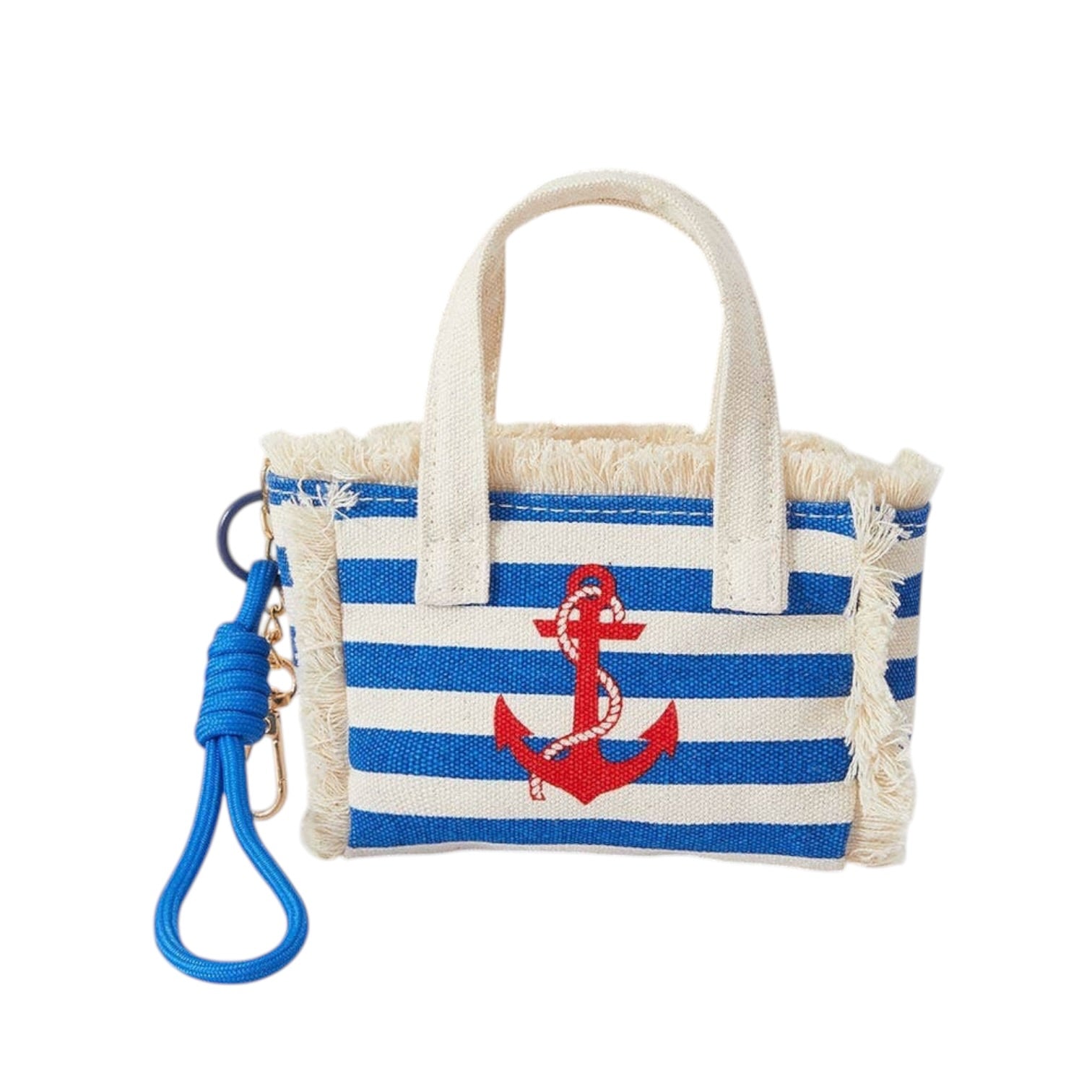 Striped bag with anchor design and keychain on a white background