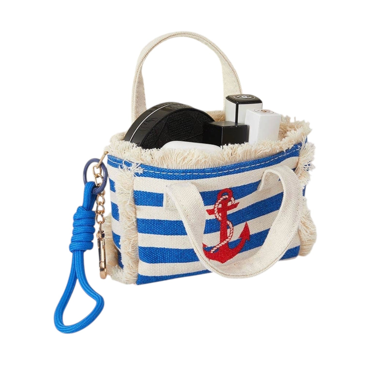 Small bag with blue and white striped pattern and red anchor design on a white background