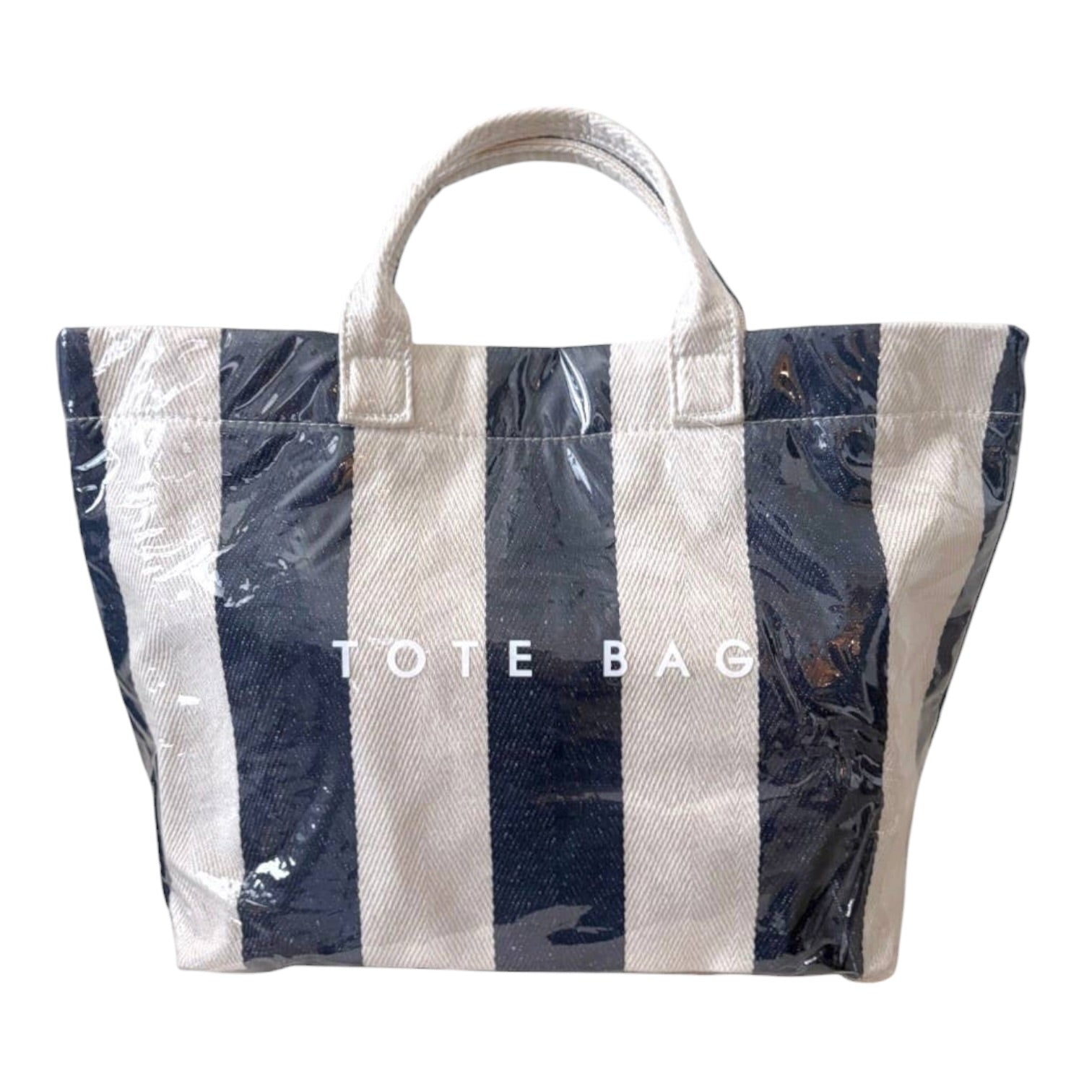 Tote bag with blue and white stripes on a white background