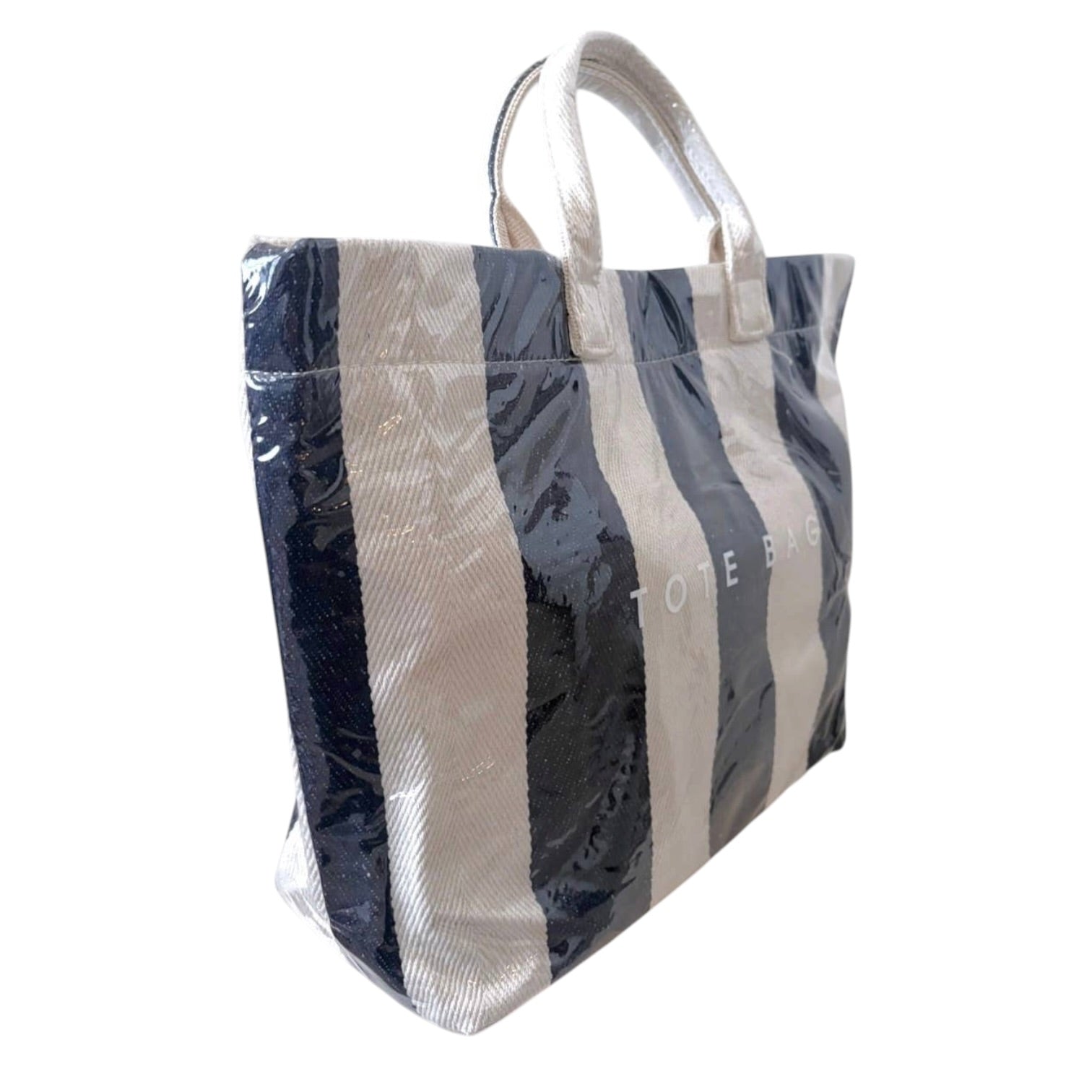 Striped tote bag with visible branding on a white background