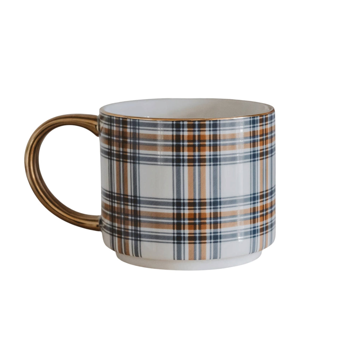 A white ceramic mug with a brown and navy blue plaid pattern and a metallic gold handle, shown on a plain white background.