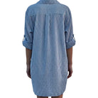 Blue and white striped shirt dress on a mannequin against a white background