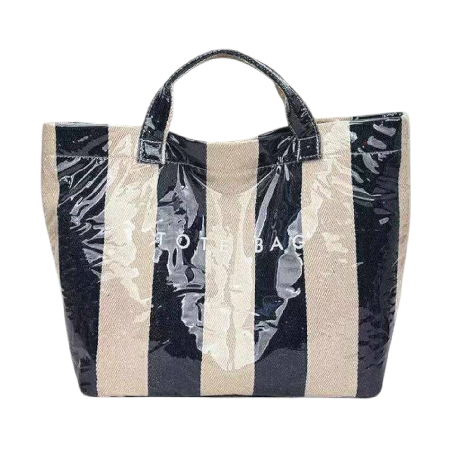 Striped tote bag with floral design and 'Hot Bag' text on a white background