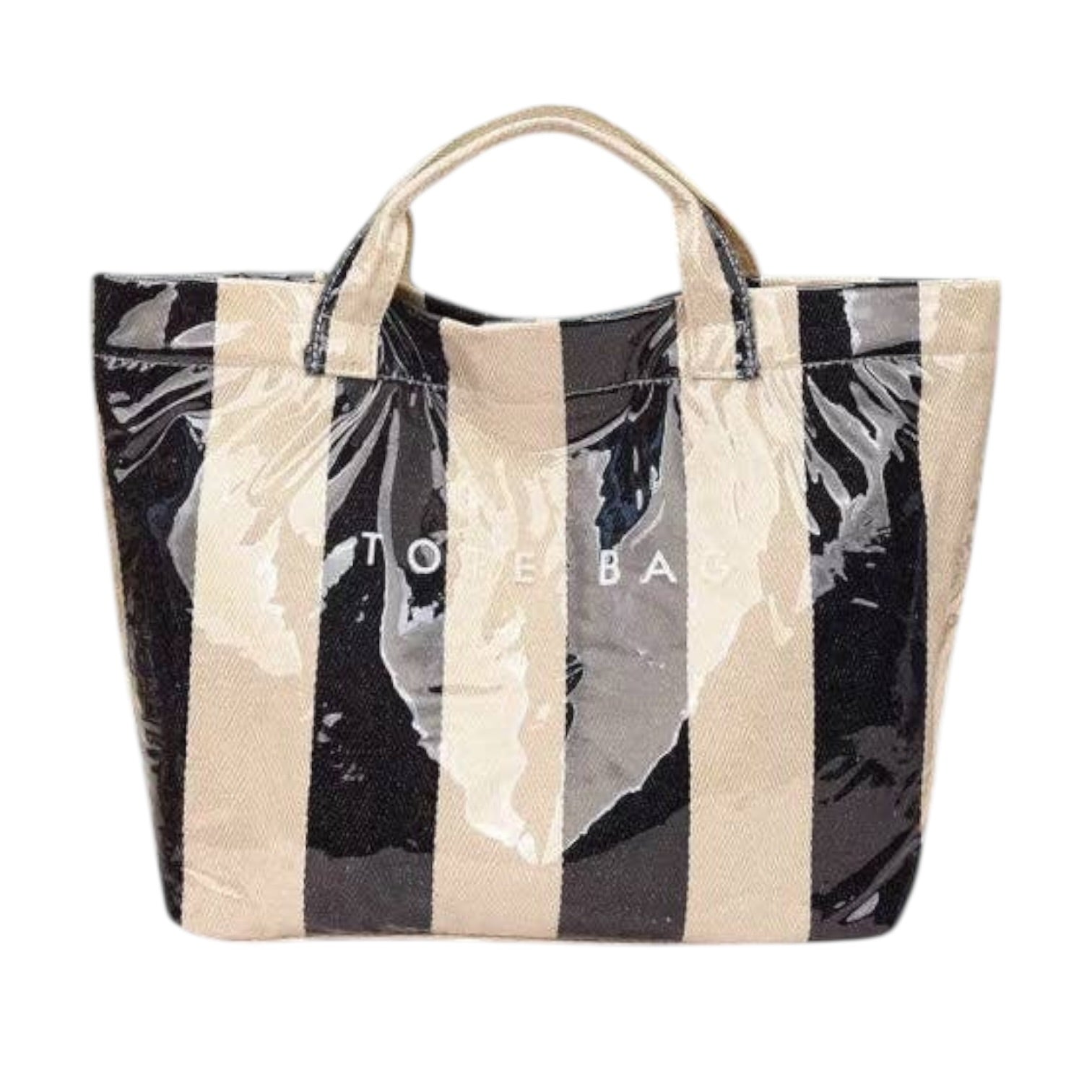 Tote bag with black and beige striped pattern on a white background