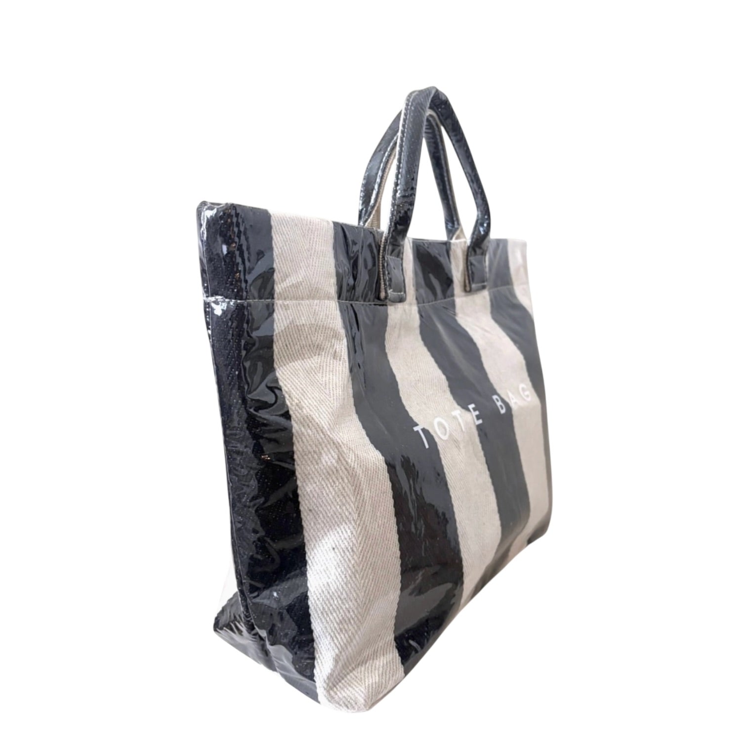Striped tote bag with clear overlay on a white background