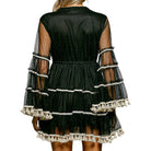 Black dress with sheer sleeves and hem on a white background
