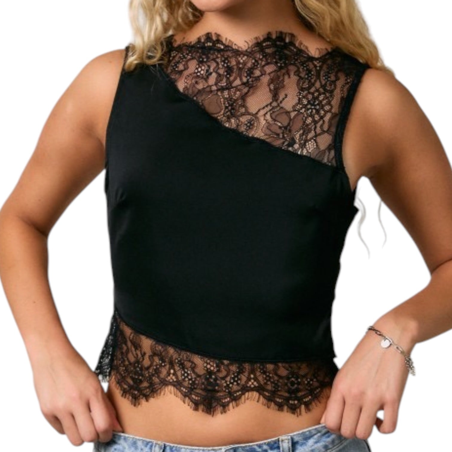 Black lace top worn by a person on a white background