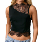 Black lace top worn by a model on a white background