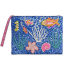 Sequined pouch with underwater-themed design on a white background