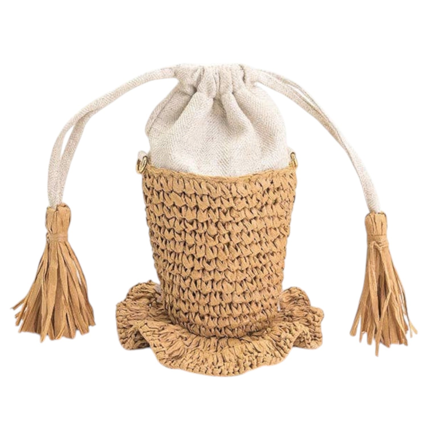 Woven drawstring bag with tassels on a white background