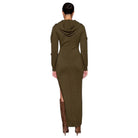 Long olive green dress with a hood on a white background