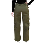 Olive green cargo pants on a white background